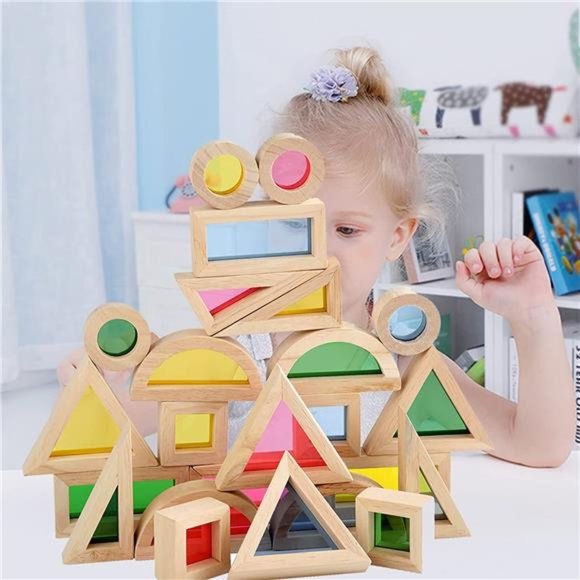 Wood Building Blocks Set for Kids 24 Pcs Rainbow Stacker Stacking Game - Picture 6 of 6